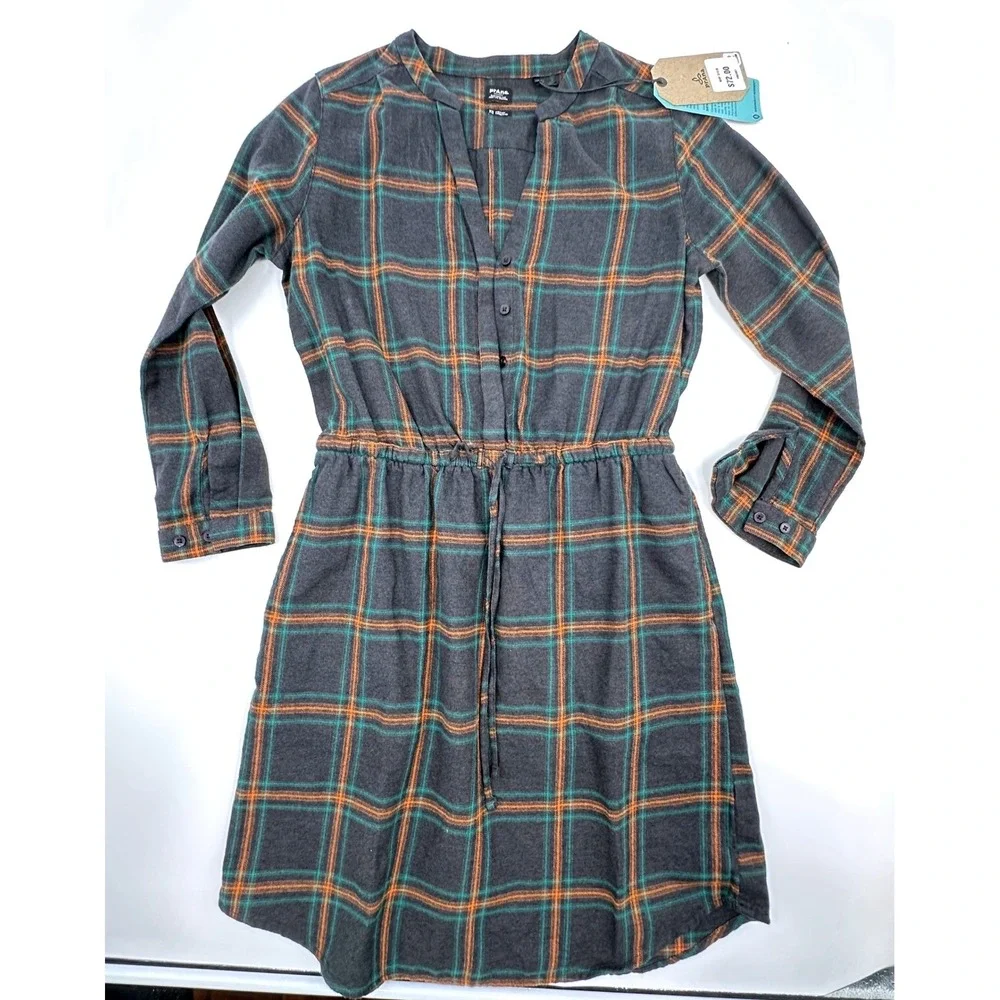 prAna Loop To Pines Dress Womens XS Dark Iron Plaid Organic Cotton 1962981 NEW